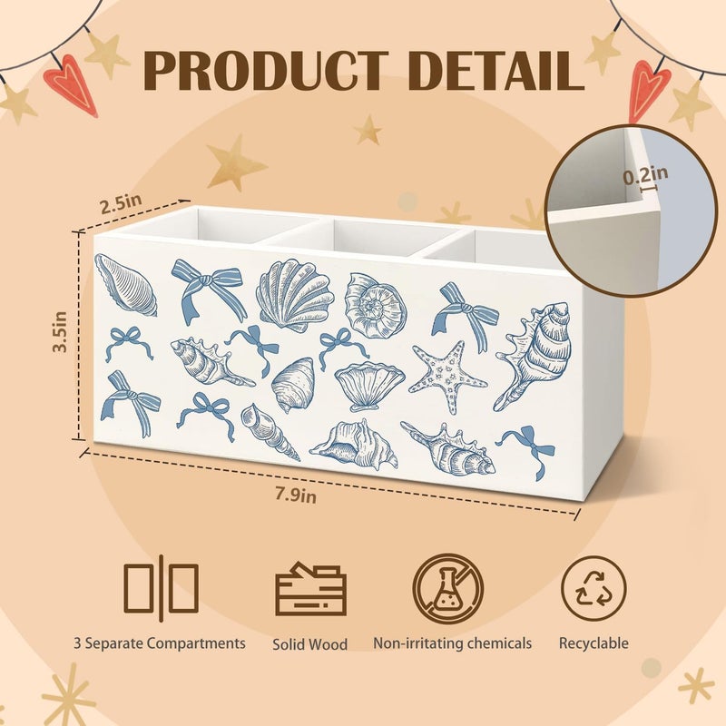 KBRCT Coquette Blue Seashell Coastal Beach Wooden Utensils Holder, Preppy Nautical Beachy Sea Shell Wood Cooking Utensil Holder Organizer for Kitchen Countertop Counter Decor Accessories - Image 3